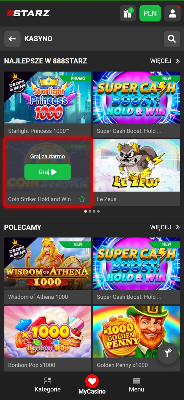 Wybierz grę, w którą chcesz zagrać w 888Starz.