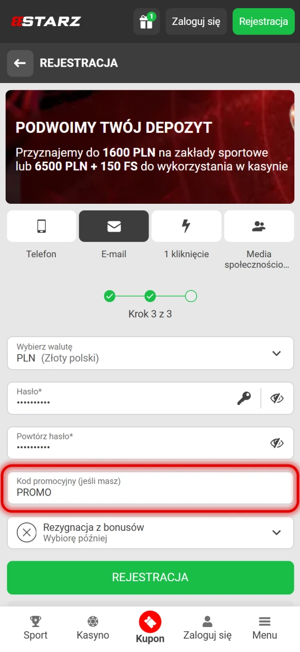 Wpisz kod bonusowy 888Starz bez depozytu.