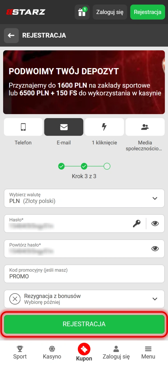 Naciśnij przycisk, aby zakończyć rejestrację w 888Starz.