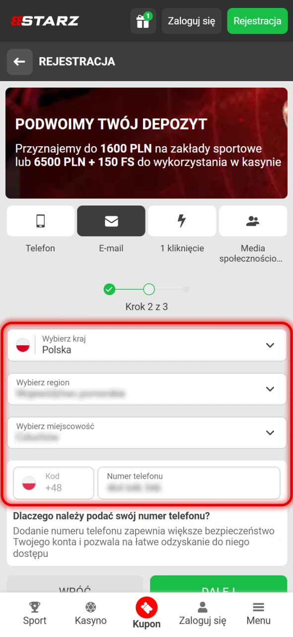 Wprowadź swoje dane osobowe w formularzu rejestracyjnym 888Starz.