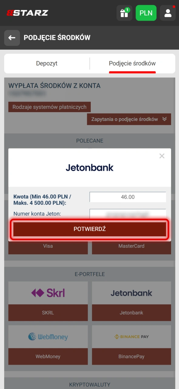 Sprawdź informacje i potwierdź płatność 888Starz.