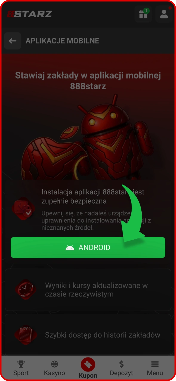 Kliknij przycisk Pobierz na Androida na stronie 888Starz.