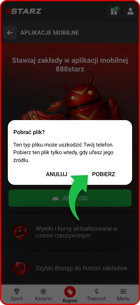 Potwierdź proces pobierania pliku APK 888Starz.
