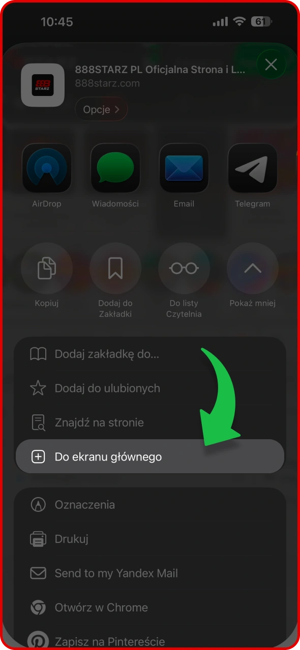 Wybierz opcję Dodaj do ekranu głównego, aby zakończyć instalację 888Starz.