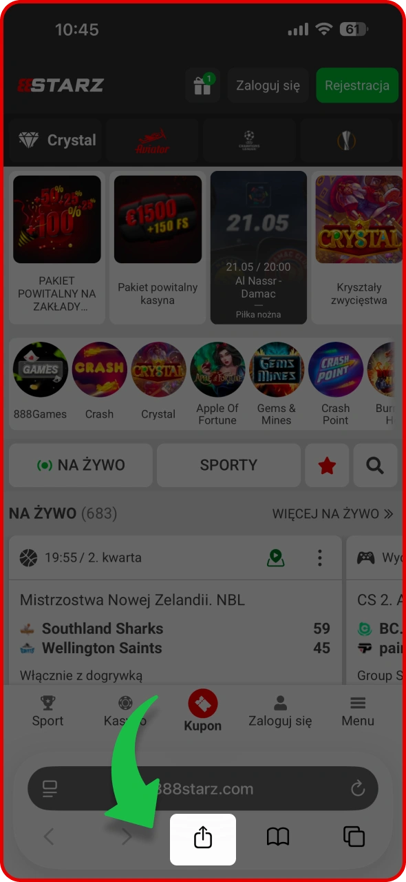 Kliknij przycisk, aby otworzyć menu udostępniania na stronie 888Starz.