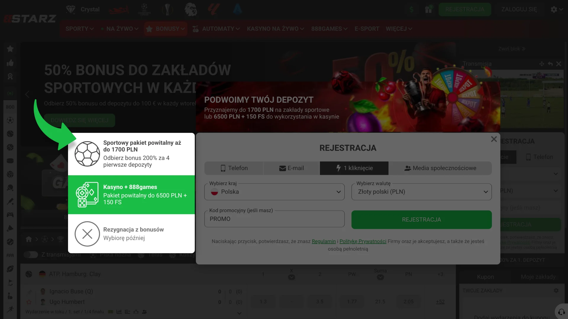 Wybierz swój bonus powitalny podczas rejestracji w 888Starz.