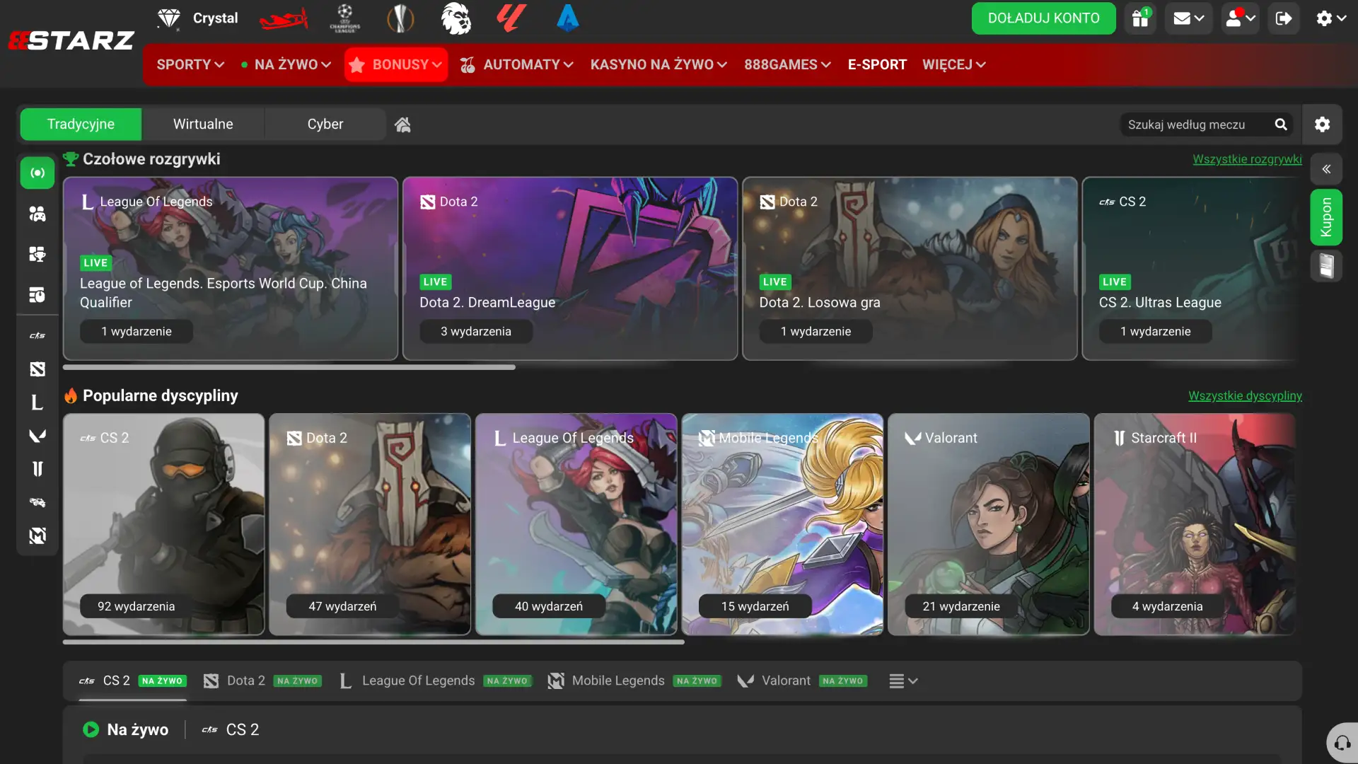 Kliknij kartę eSport w górnym menu 888Starz.