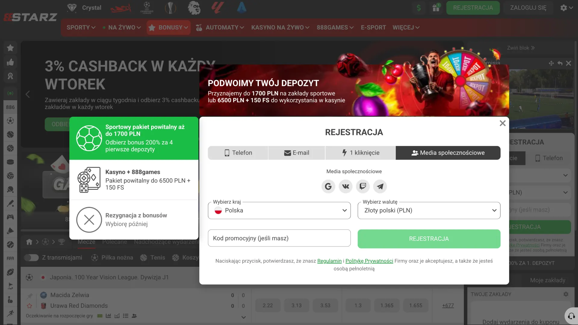 Wypełnij formularz rejestracyjny na stronie internetowej 888starz.