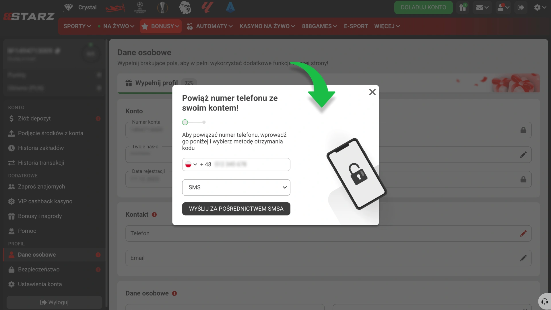 Potwierdź swój adres e-mail lub numer telefonu w 888Starz.