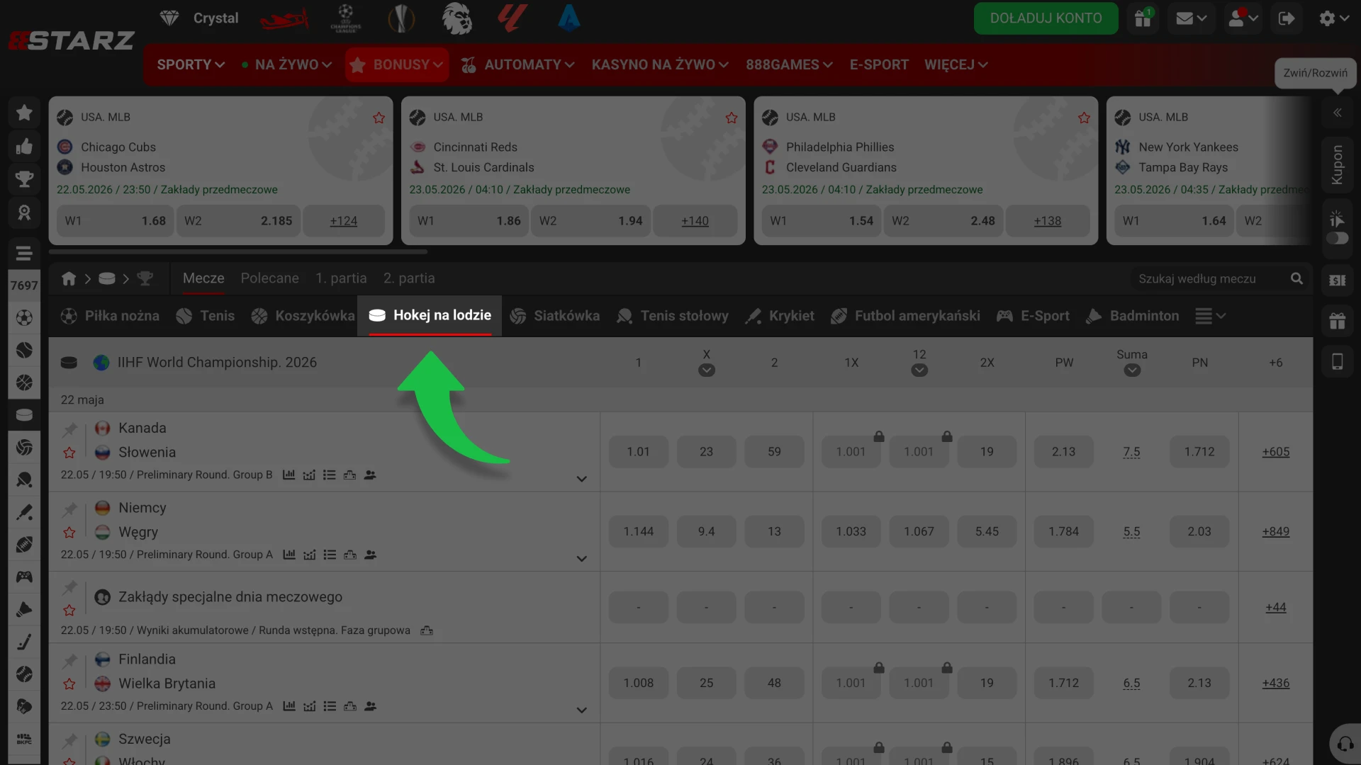 Wybierz hokej na lodzie w menu sportowym 888Starz.
