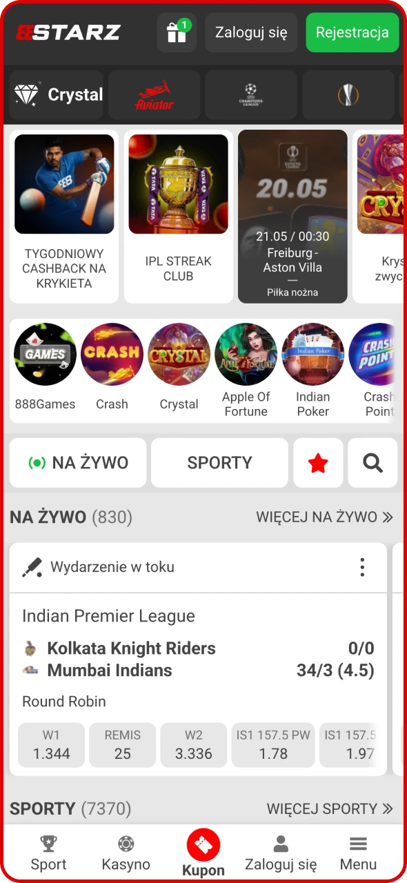 Wejdź na oficjalną stronę 888Starz lub otwórz aplikację.