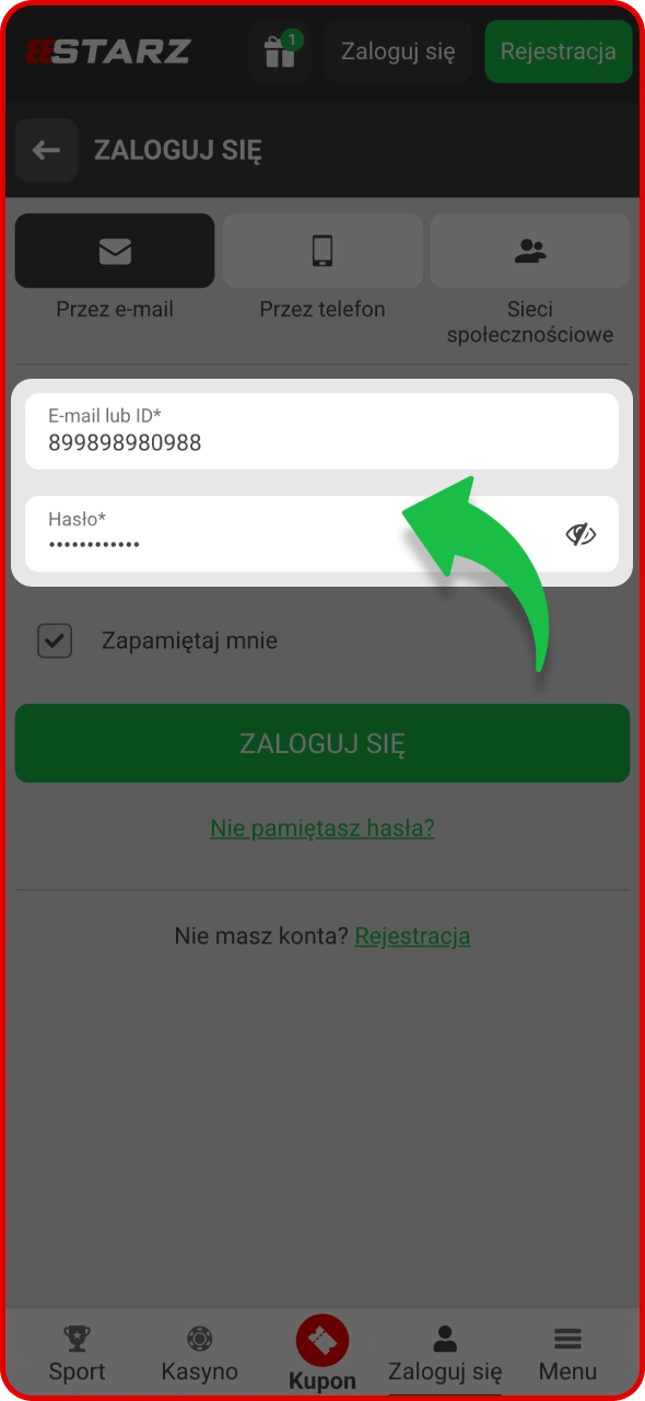 Wpisz dane logowania, aby wejść na swój profil 888Starz.