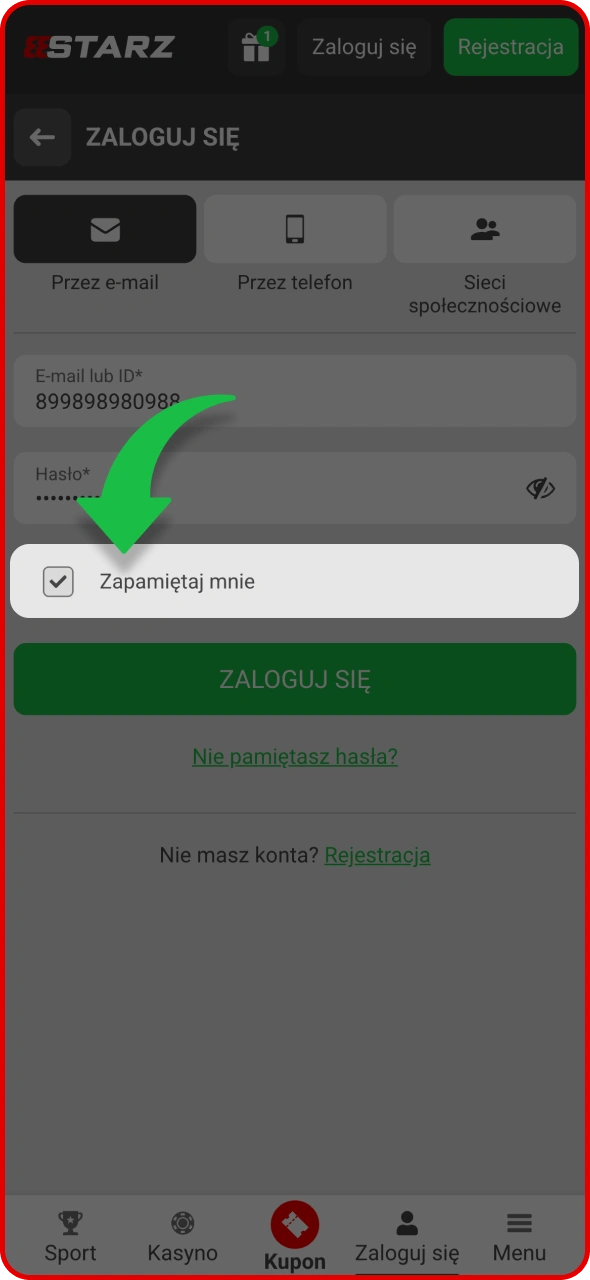 Możesz zaznaczyć opcję Zapamiętaj mnie na stronie 888Starz.