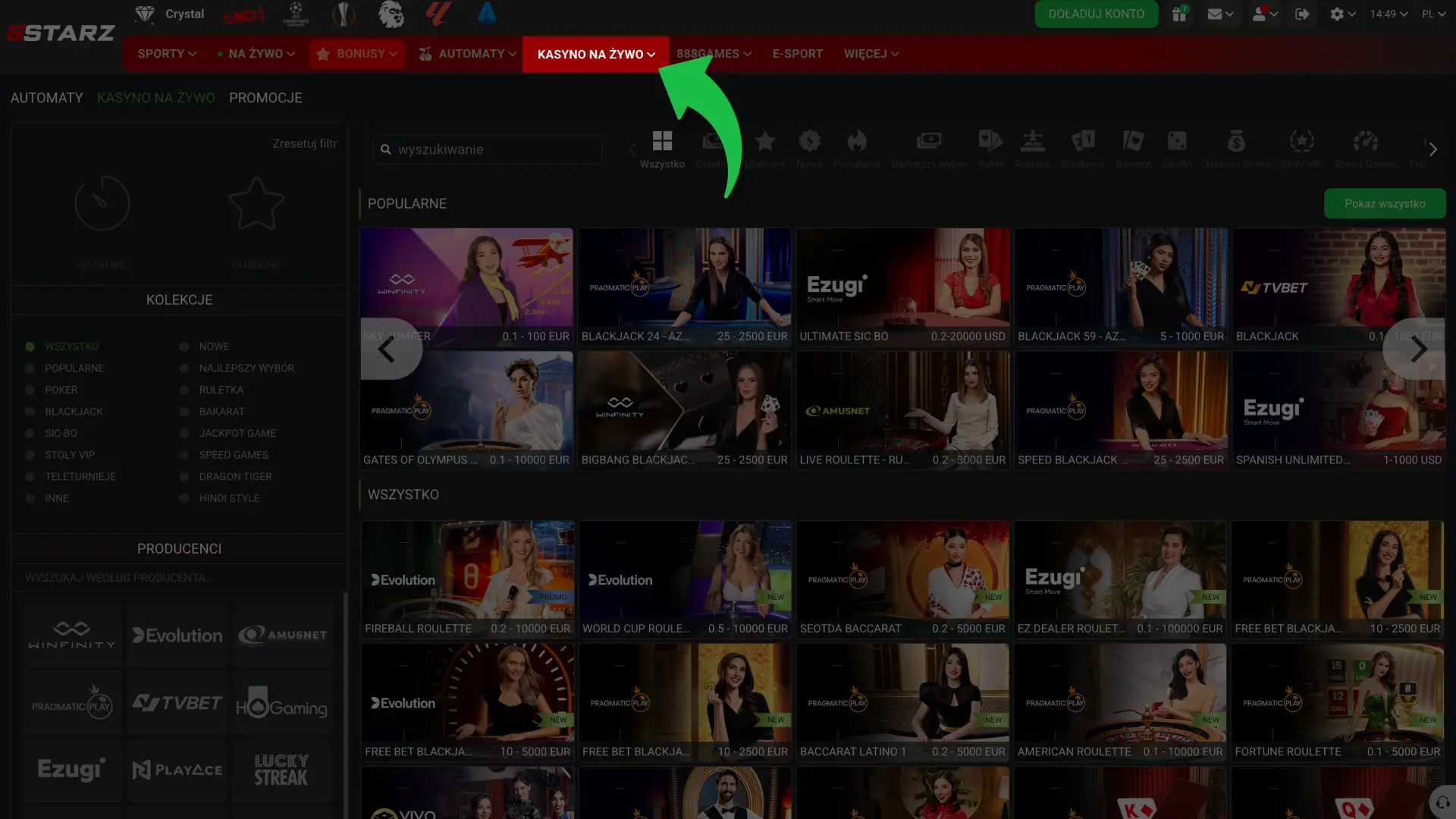 Przejdź do sekcji kasyna na żywo 888Starz.
