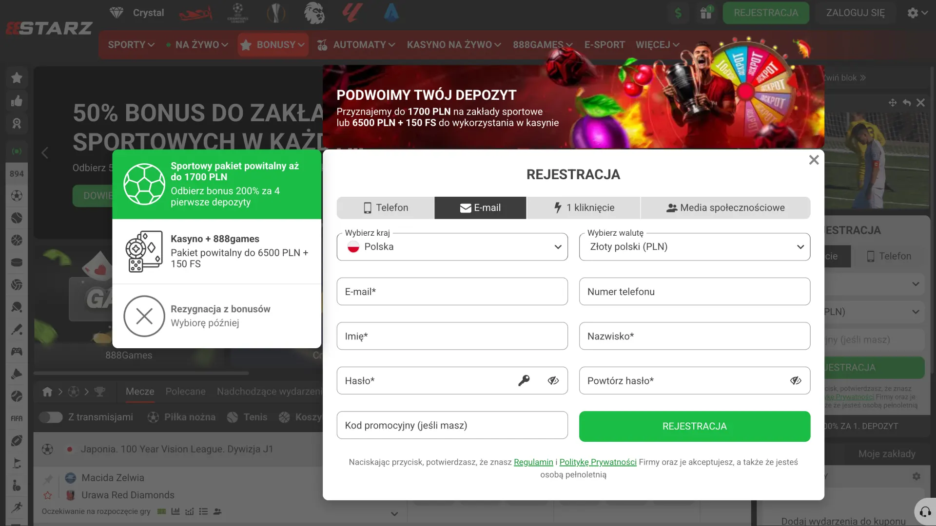 Kliknij przycisk, aby otworzyć formularz rejestracyjny 888starz.