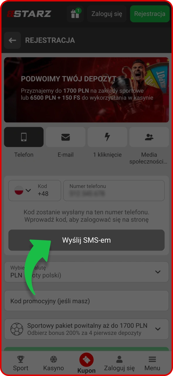 Wprowadź kod weryfikacyjny, aby aktywować konto 888Starz.