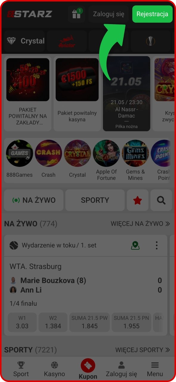 Otwórz aplikację 888Starz i kliknij przycisk rejestracji.