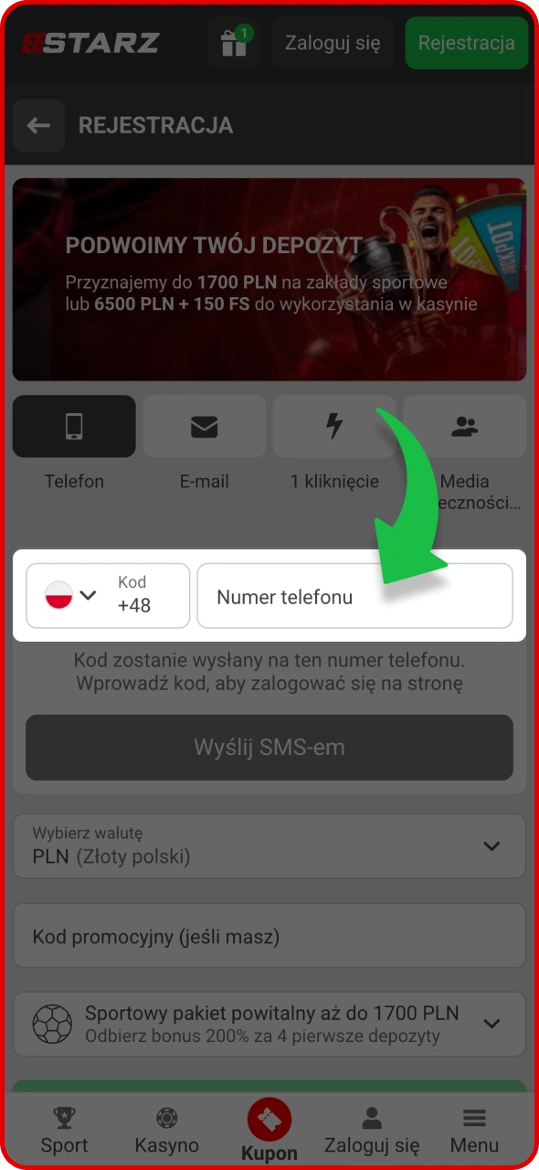 Wybierz preferowaną metodę założenia konta 888Starz.